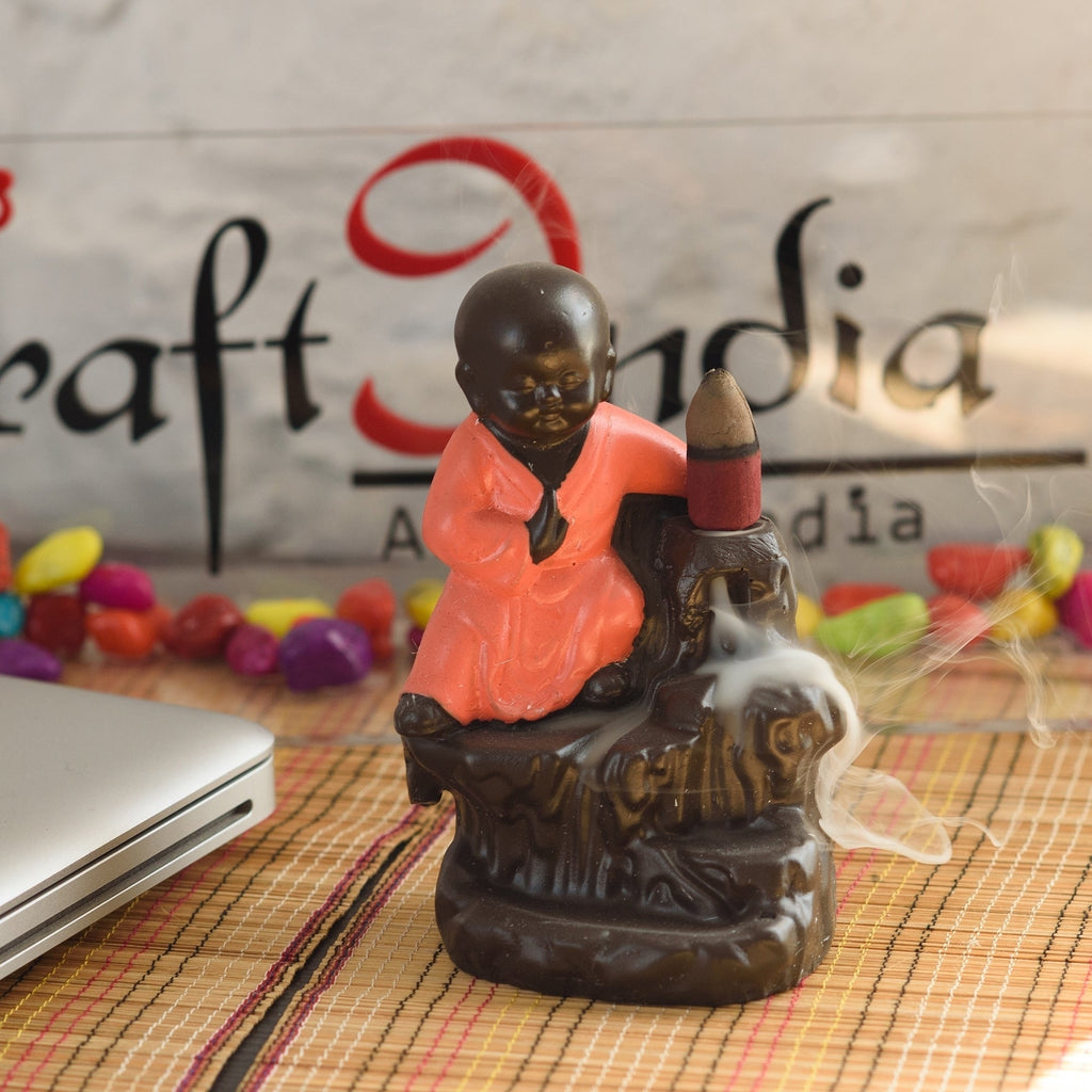 Karate Style Monk Buddha Smoke Backflow Cone Incense Holder Decorative Showpiece with 10 free Smoke Backflow Scented Cone Incenses Kafalo