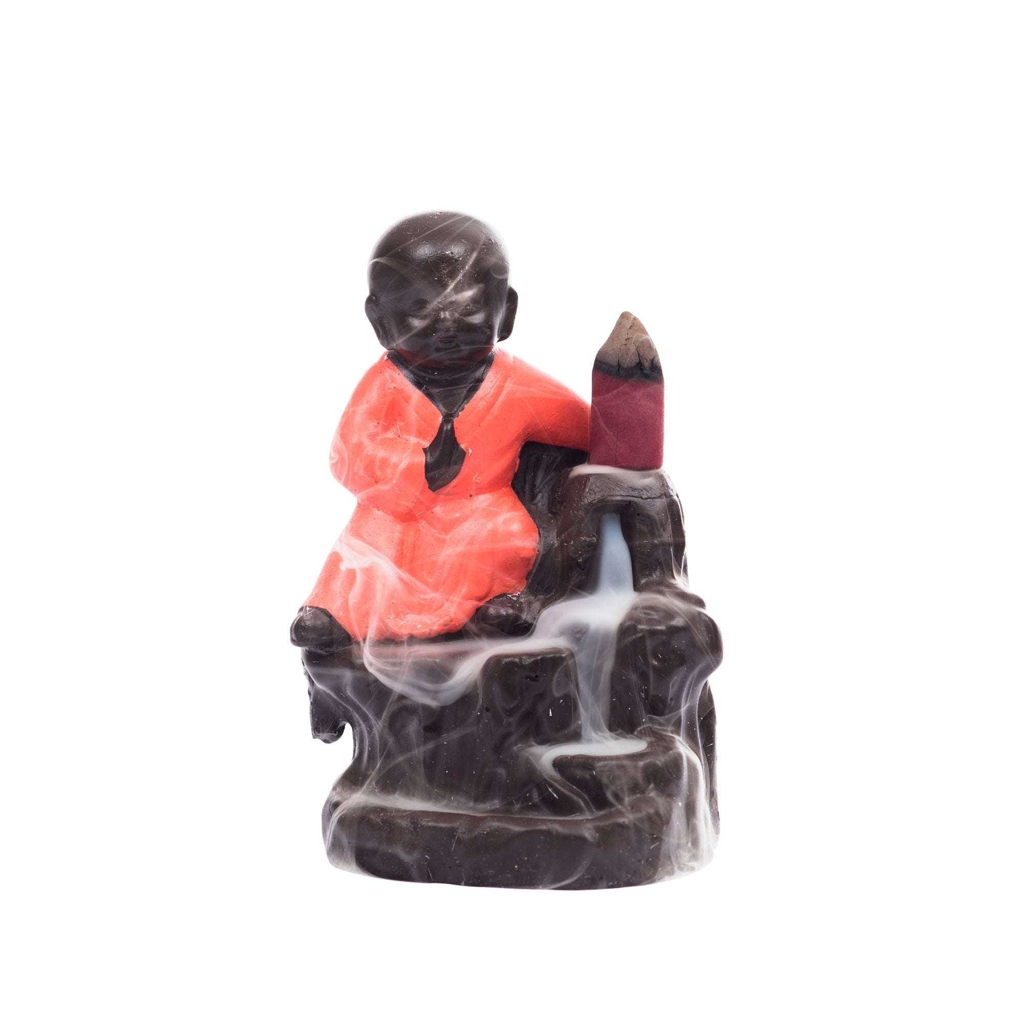Karate Style Monk Buddha Smoke Backflow Cone Incense Holder Decorative Showpiece with 10 free Smoke Backflow Scented Cone Incenses Kafalo