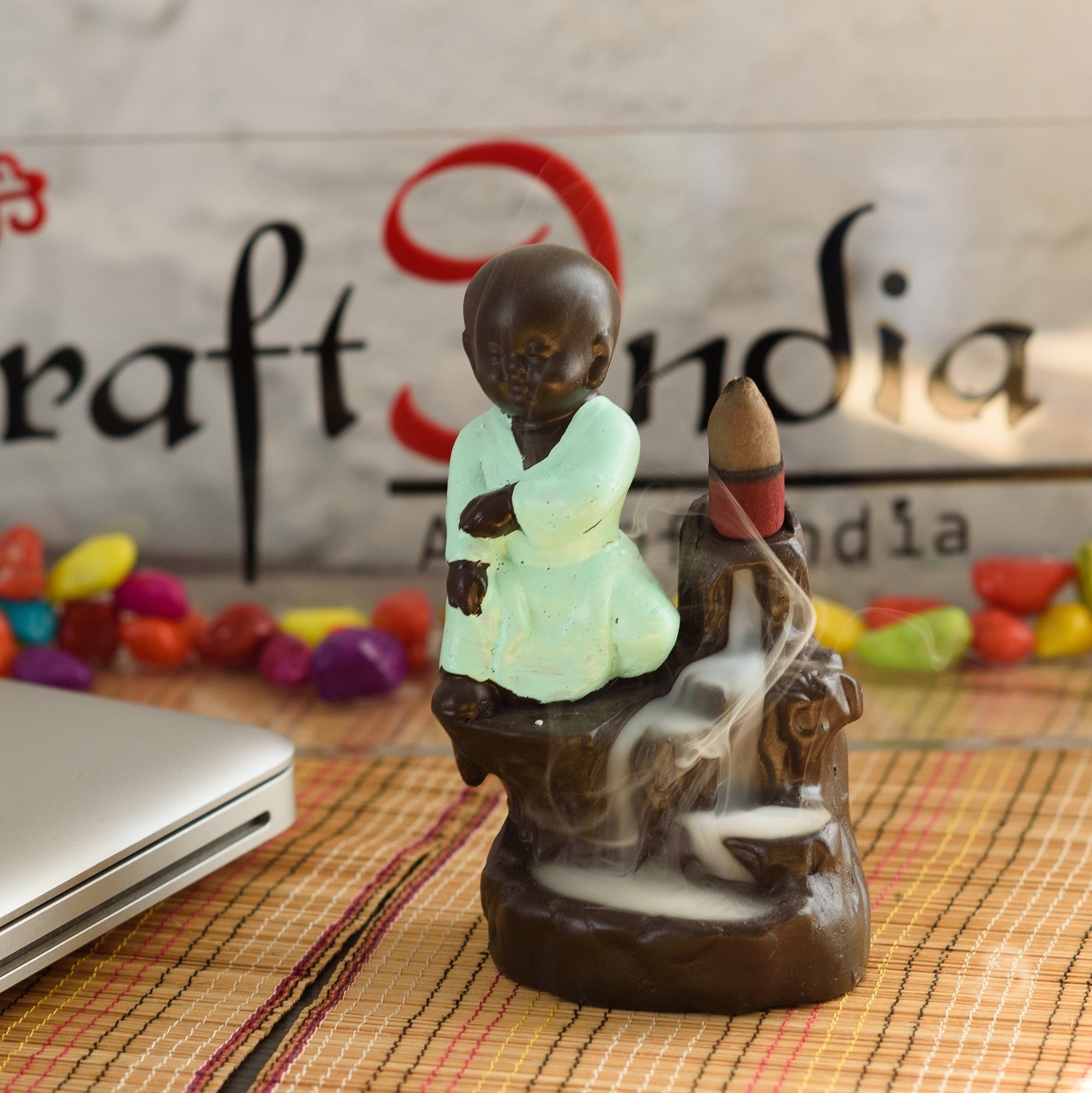 Karate Style Monk Buddha Statue Smoke Backflow Cone Incense Holder Decorative Showpiece with 10 free Smoke Backflow Scented Cone Incenses(Green and Brown) Kafalo