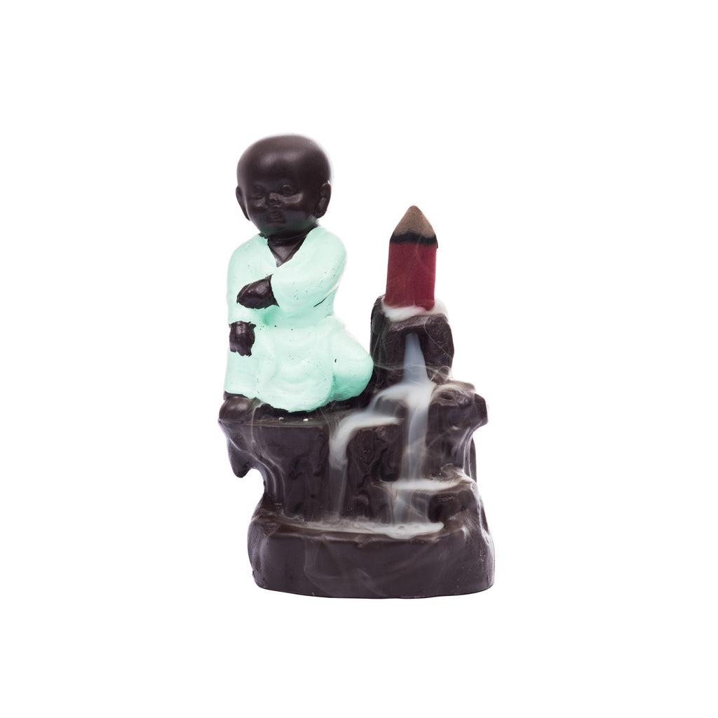 Karate Style Monk Buddha Statue Smoke Backflow Cone Incense Holder Decorative Showpiece with 10 free Smoke Backflow Scented Cone Incenses(Green and Brown) Kafalo