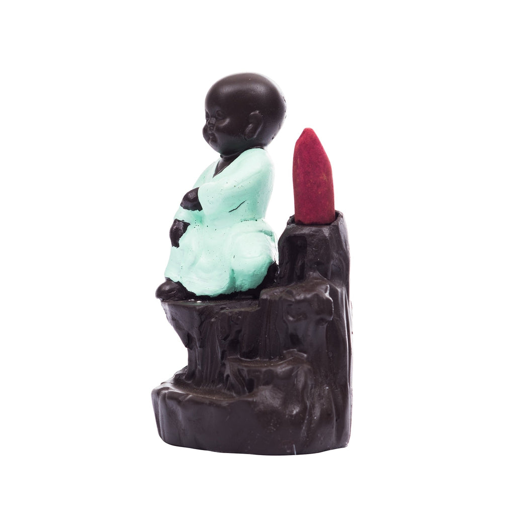 Karate Style Monk Buddha Statue Smoke Backflow Cone Incense Holder Decorative Showpiece with 10 free Smoke Backflow Scented Cone Incenses(Green and Brown) Kafalo