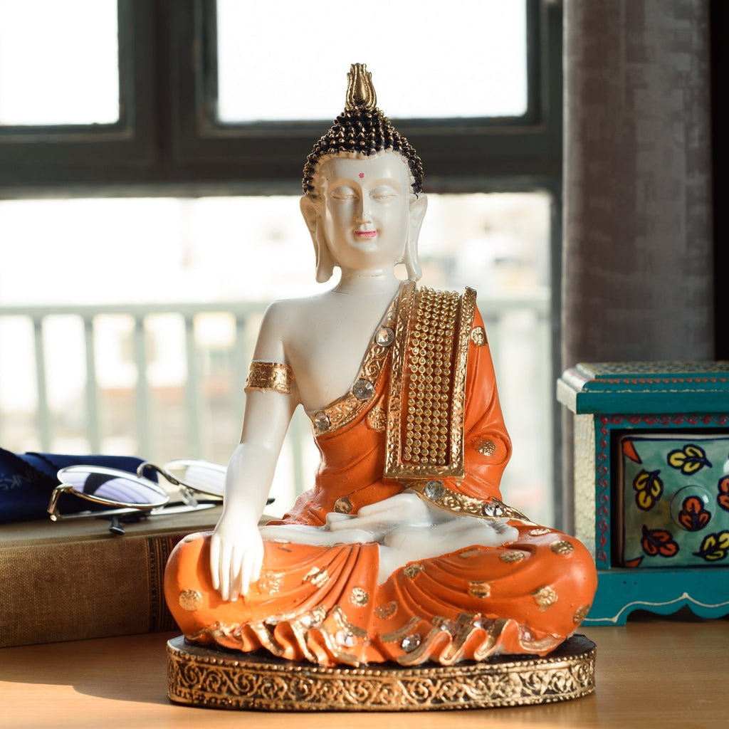 Polyresin Orange & White Meditating Lord Buddha Idol Kafalo