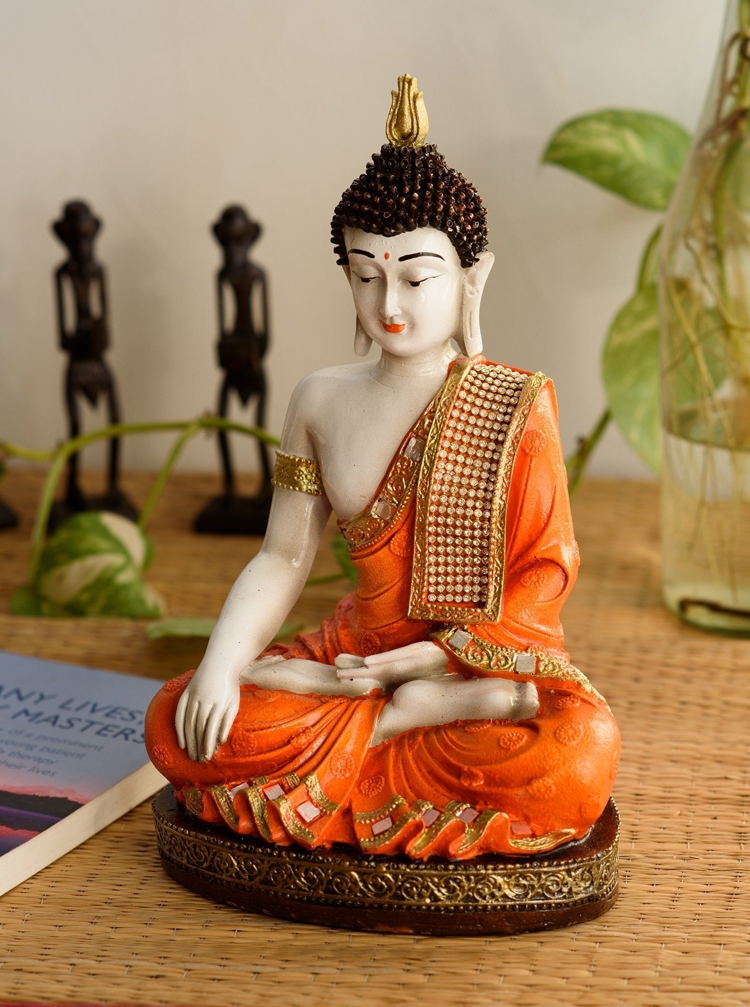 Polyresin Orange & White Meditating Lord Buddha Idol Kafalo