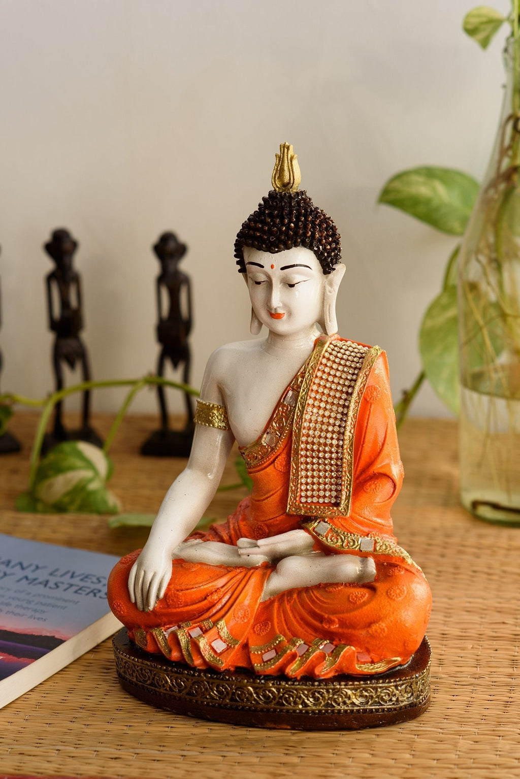 Polyresin Orange & White Meditating Lord Buddha Idol Kafalo