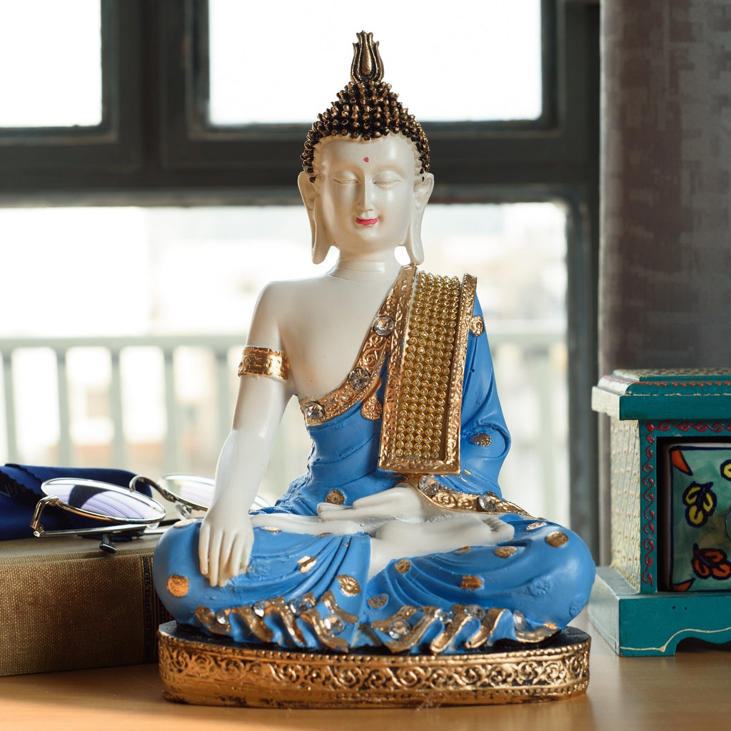 Polyresin Blue & White Meditating Lord Buddha Statue Kafalo
