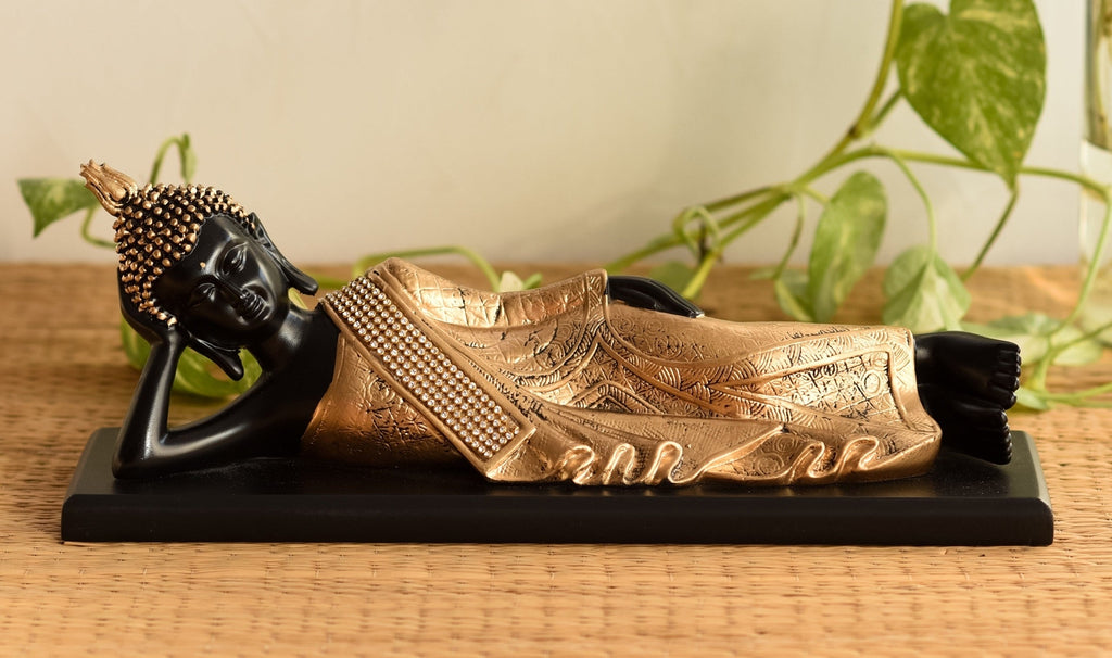 Polyresin Black and golden Resting Buddha Statue on Wooden Board Kafalo