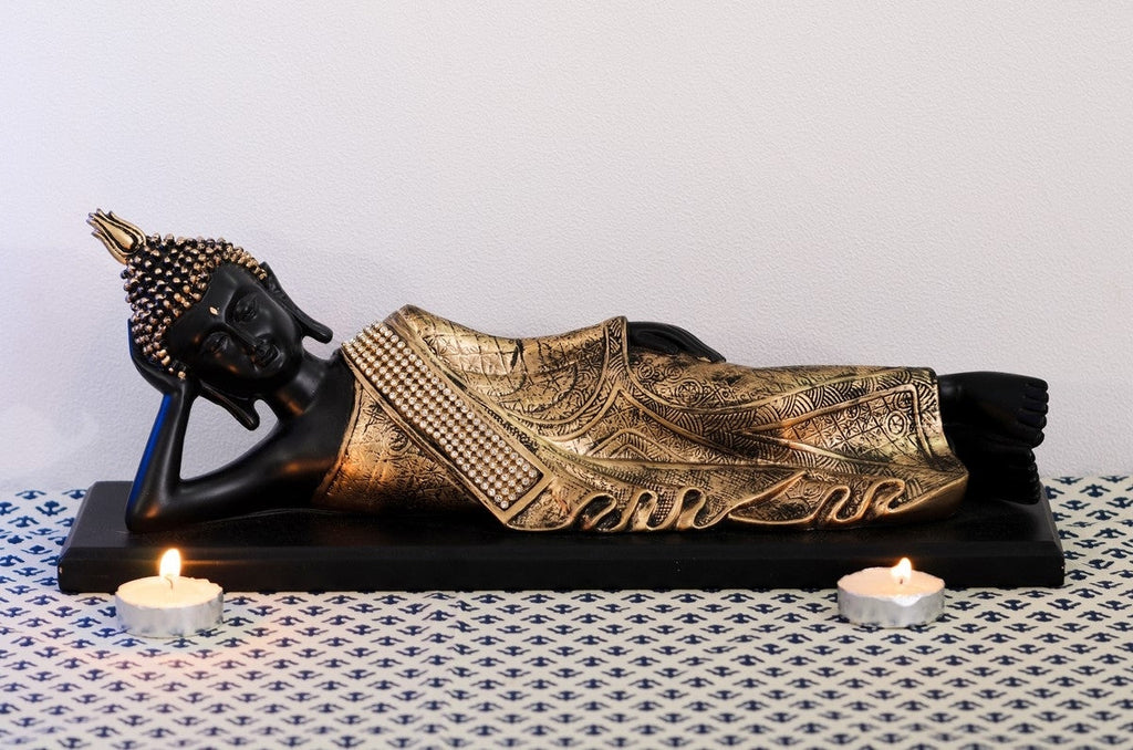 Polyresin Black and golden Resting Buddha Statue on Wooden Board Kafalo
