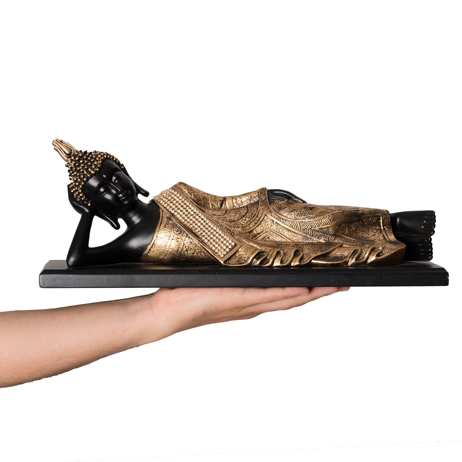 Polyresin Black and golden Resting Buddha Statue on Wooden Board Kafalo