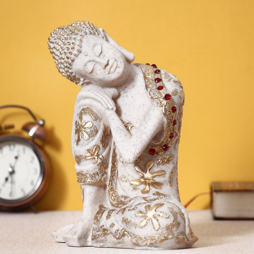 Polyresin White and Golden Resting Buddha on Knee Statue Kafalo