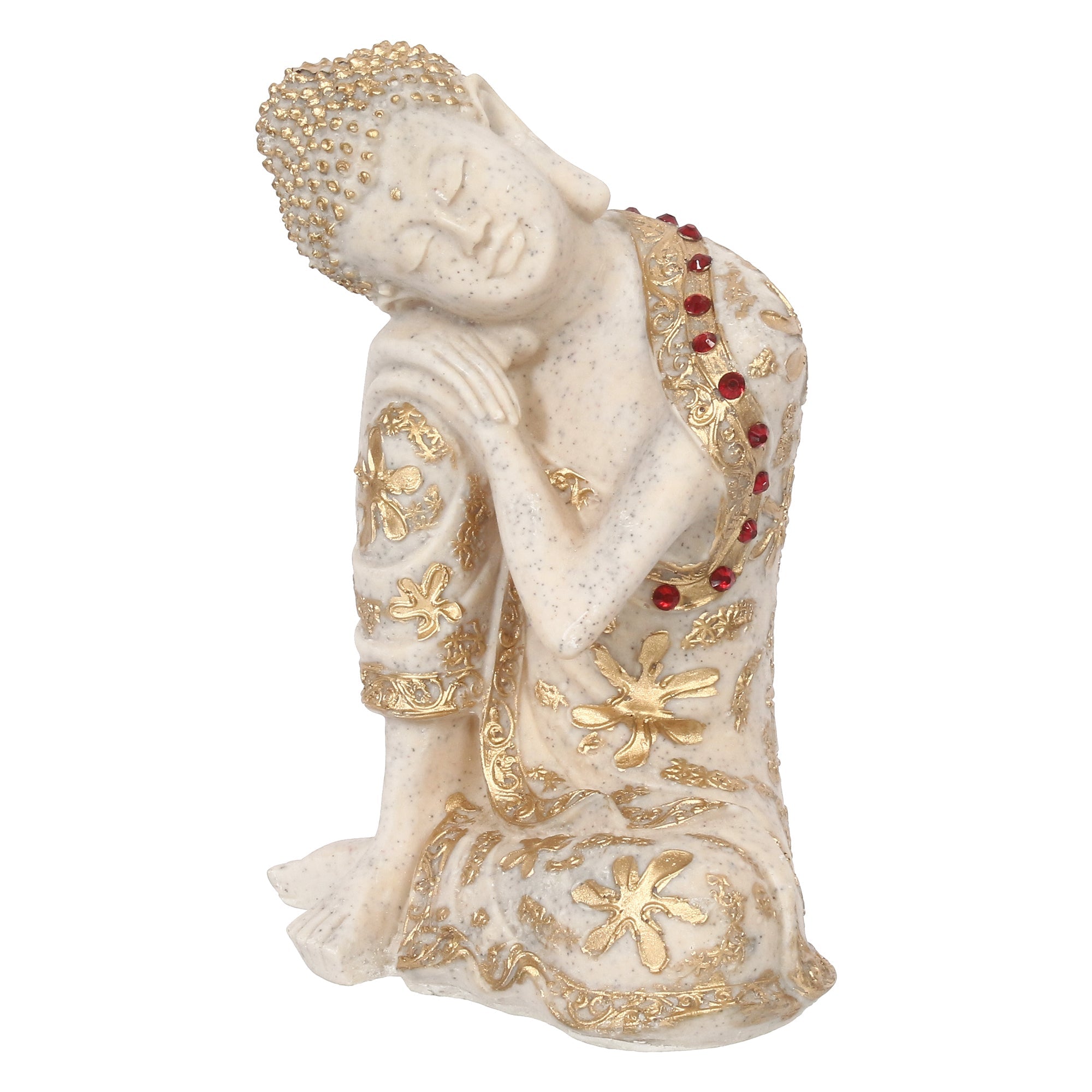 Polyresin White and Golden Resting Buddha on Knee Statue Kafalo