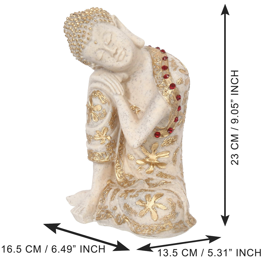 Polyresin White and Golden Resting Buddha on Knee Statue Kafalo