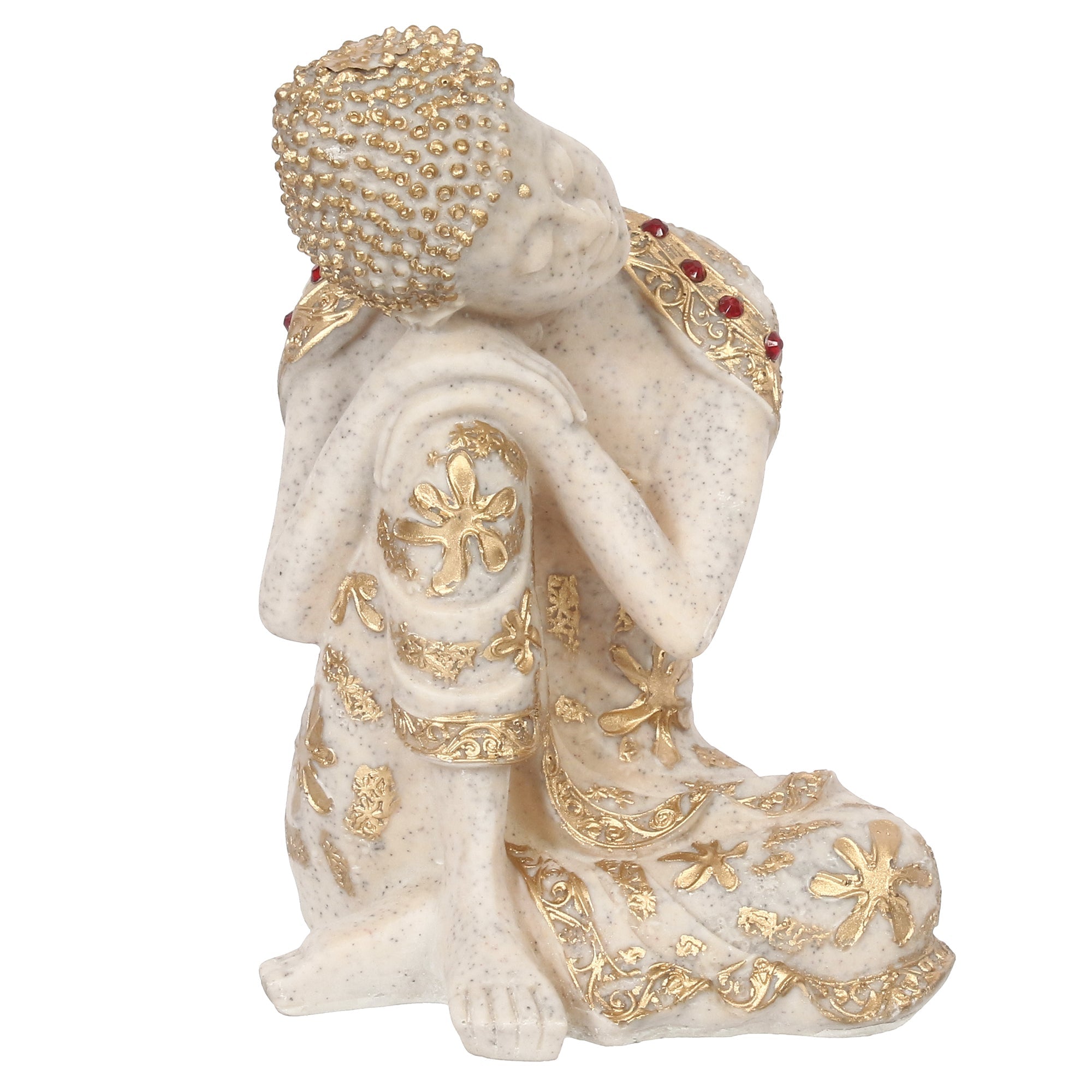 Polyresin White and Golden Resting Buddha on Knee Statue Kafalo