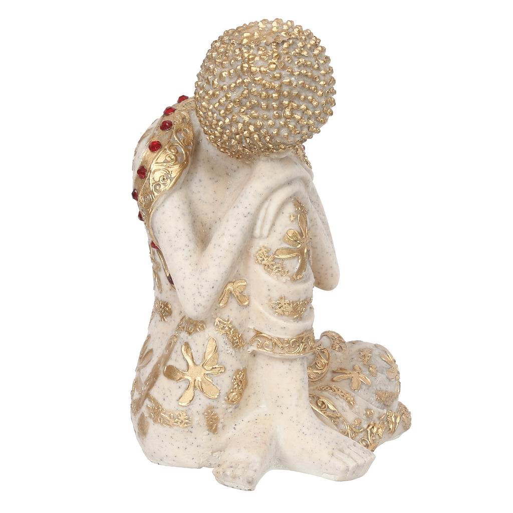 Polyresin White and Golden Resting Buddha on Knee Statue Kafalo