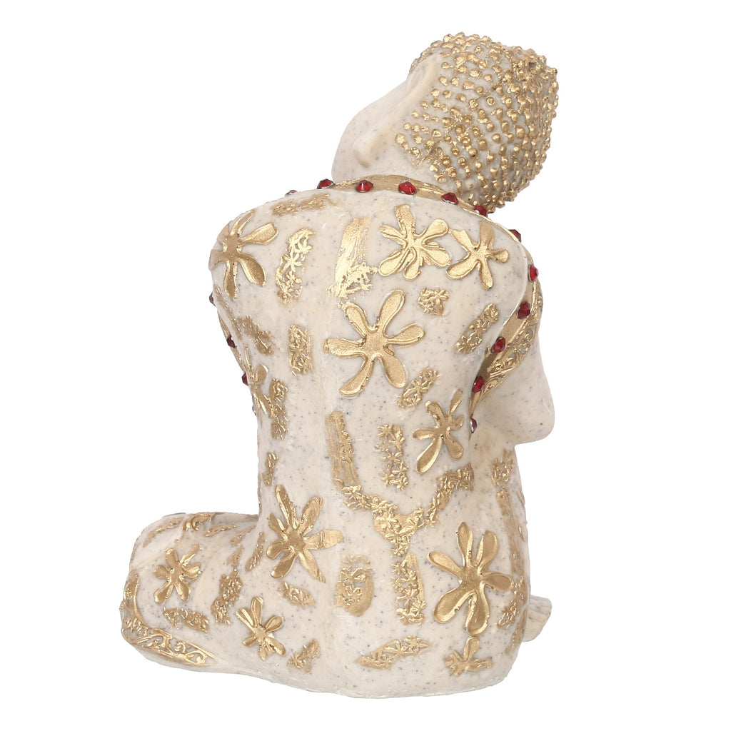 Polyresin White and Golden Resting Buddha on Knee Statue Kafalo