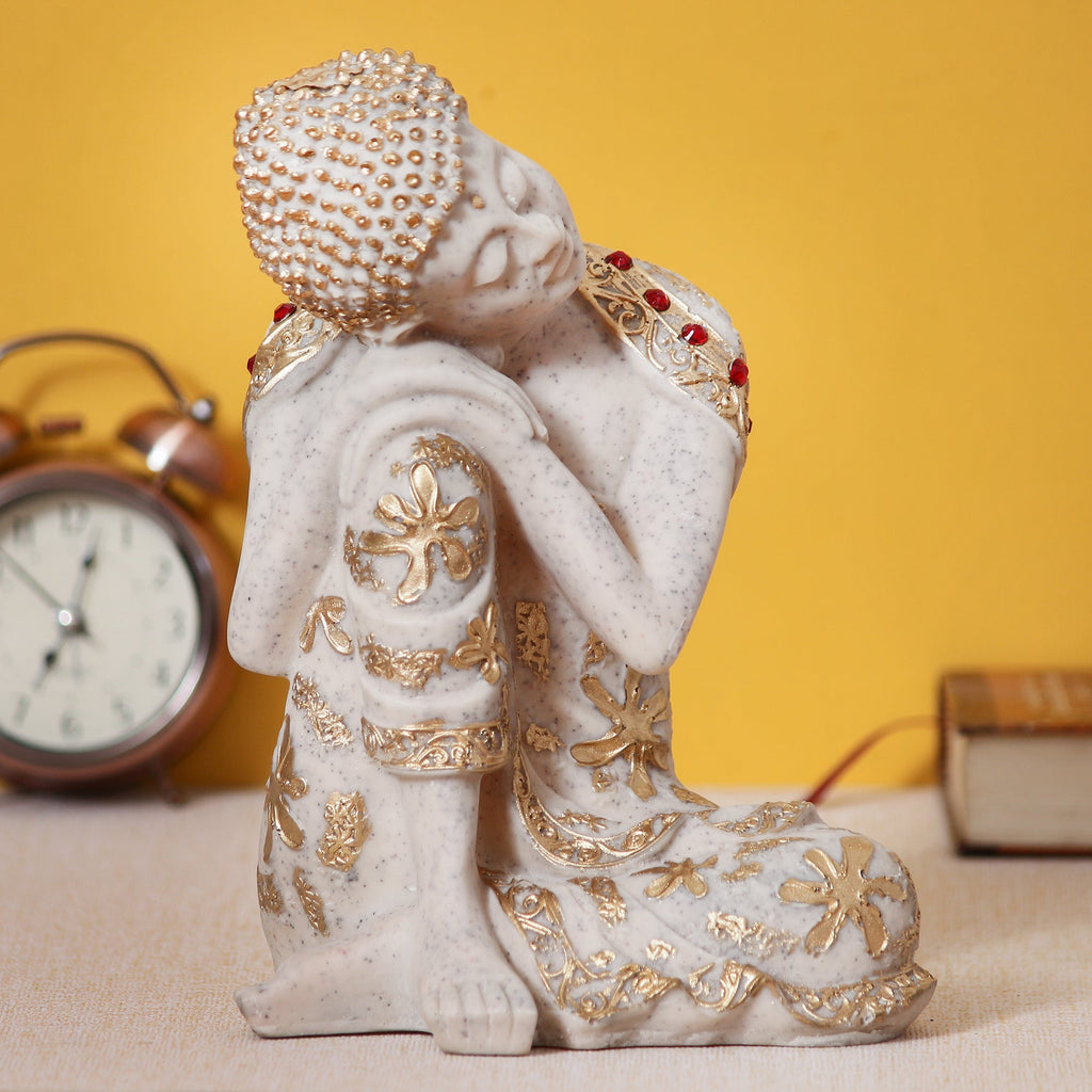 Polyresin White and Golden Resting Buddha on Knee Statue Kafalo