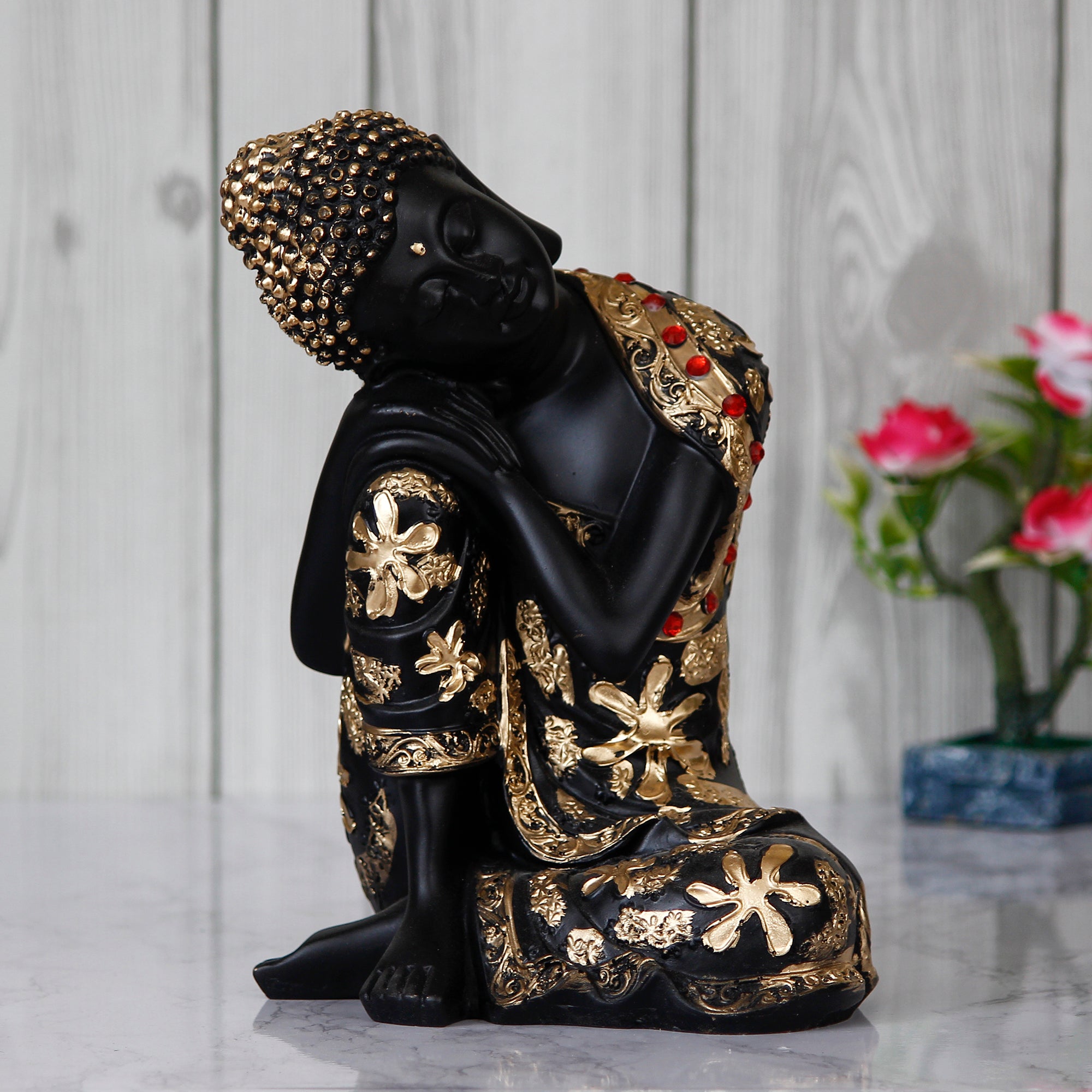 Polyresin Black and golden Resting Buddha on Knee Statue Kafalo