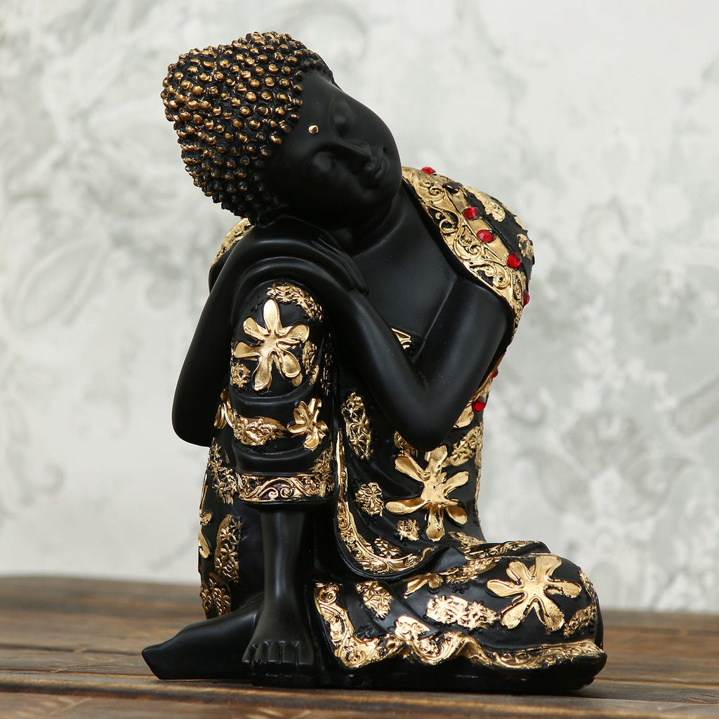 Polyresin Black and golden Resting Buddha on Knee Statue Kafalo