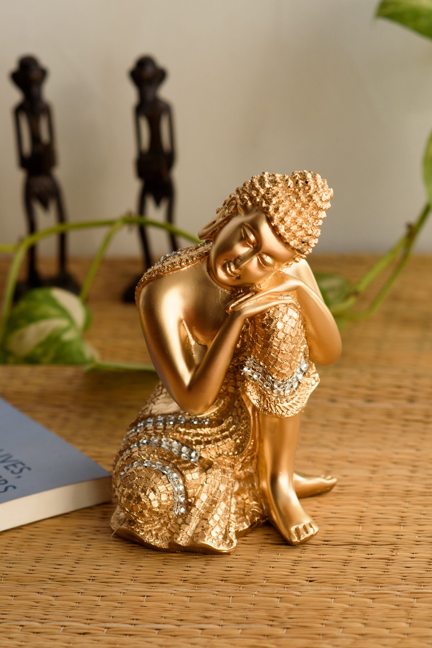 Polyresin Golden Resting Buddha on Knee Statue Kafalo