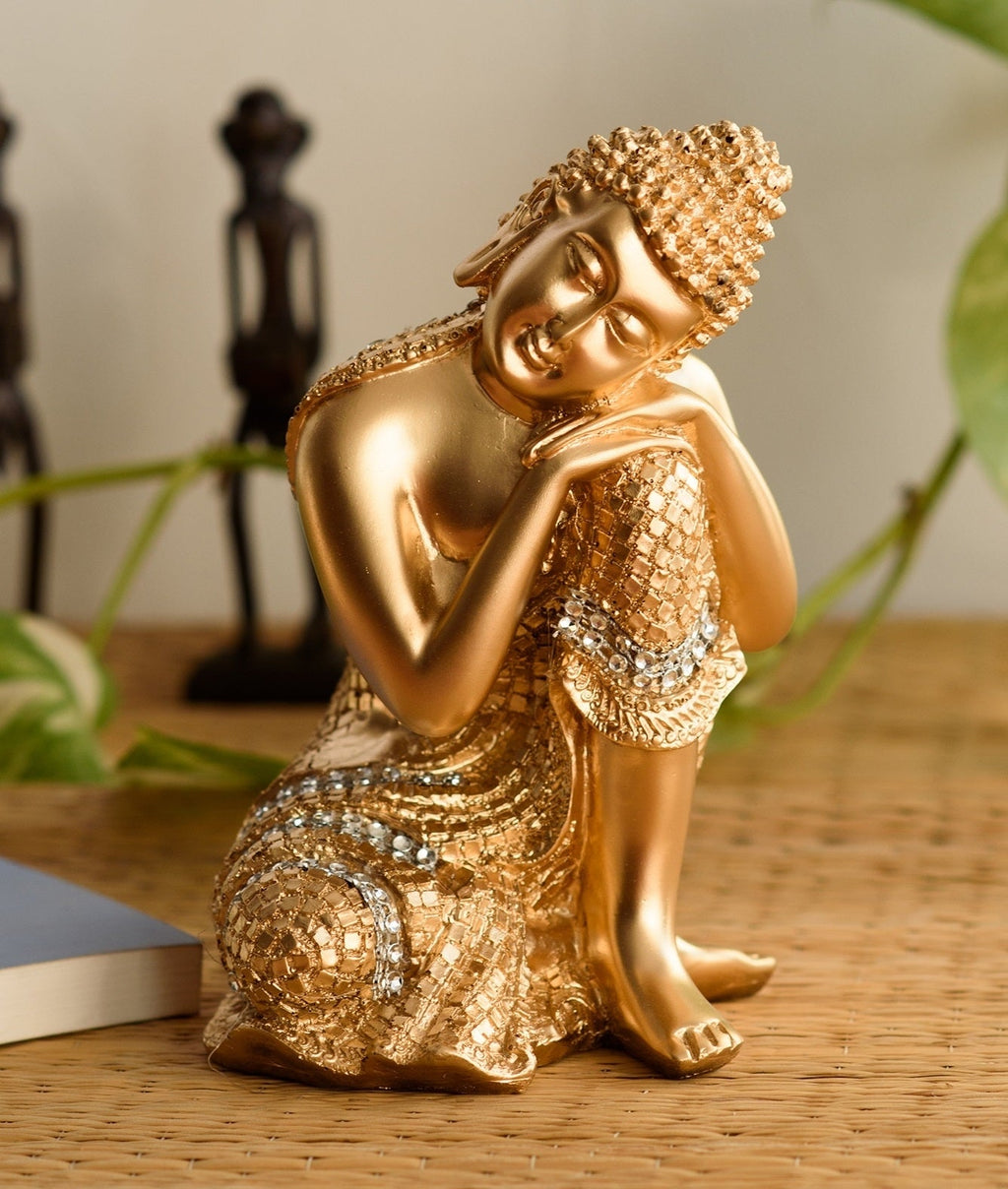 Polyresin Golden Resting Buddha on Knee Statue Kafalo