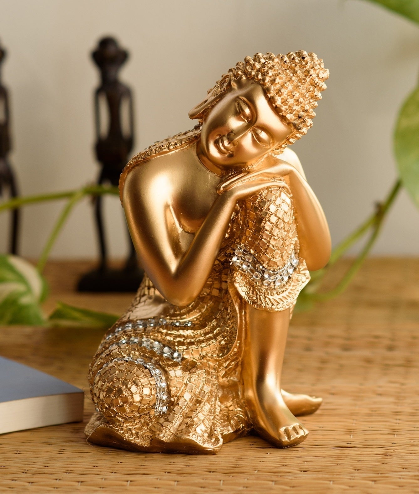 Polyresin Golden Resting Buddha on Knee Statue Kafalo