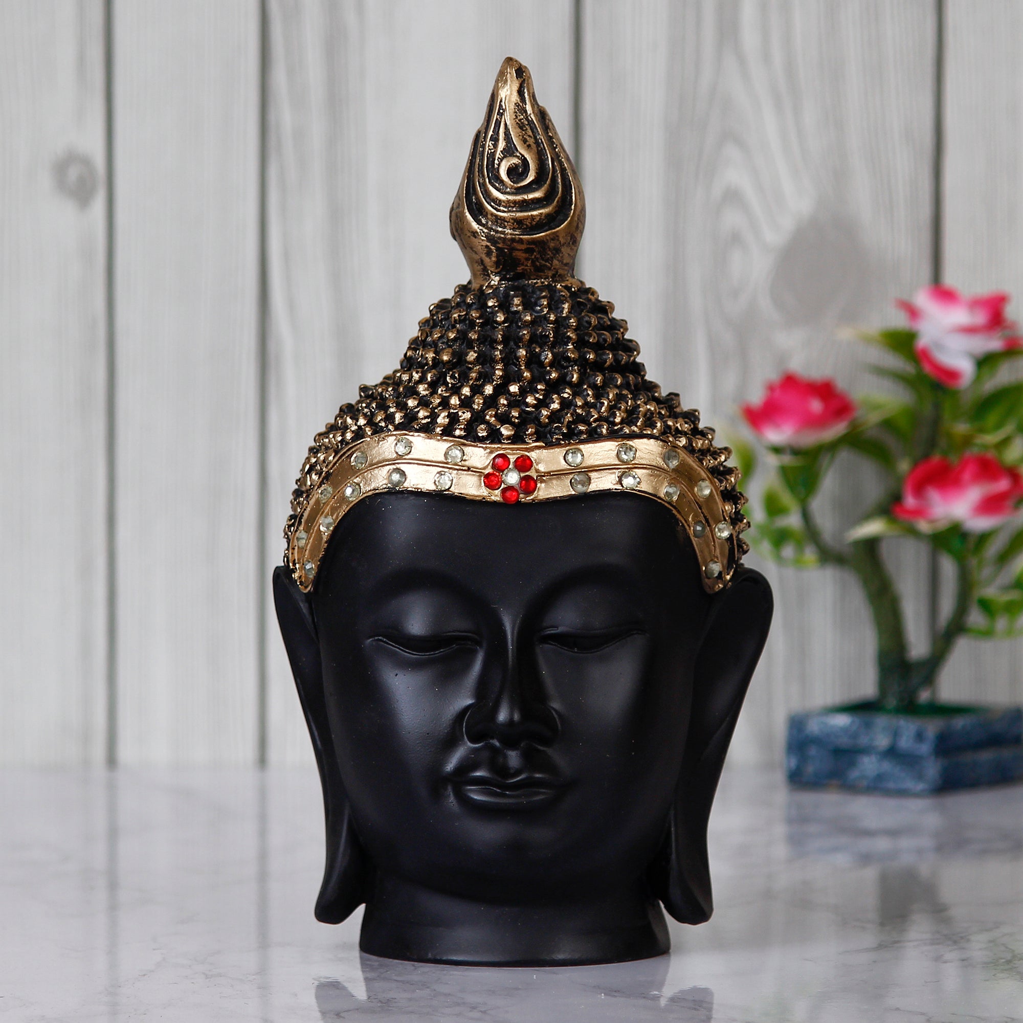 Polyresin Gold and Black Meditating Buddha Head Statue Kafalo