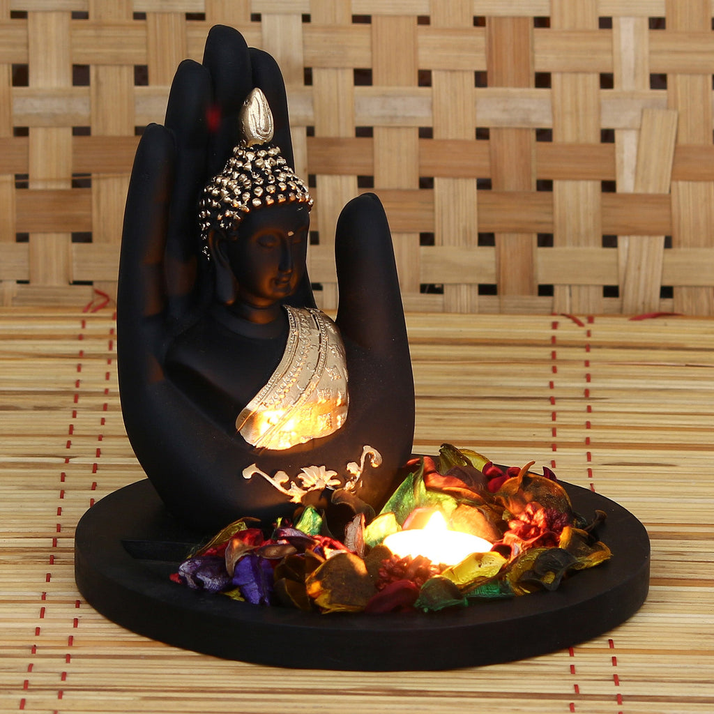 Polyresin Black and Golden Handcrafted Palm Buddha Statue with Wooden Base Tealight Candle Holder Kafalo