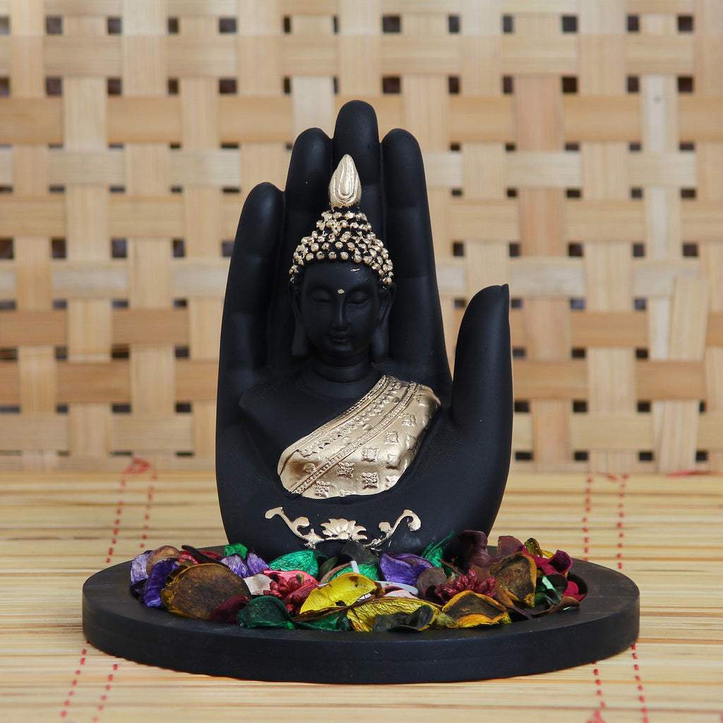 Polyresin Black and Golden Handcrafted Palm Buddha Statue with Wooden Base Tealight Candle Holder Kafalo