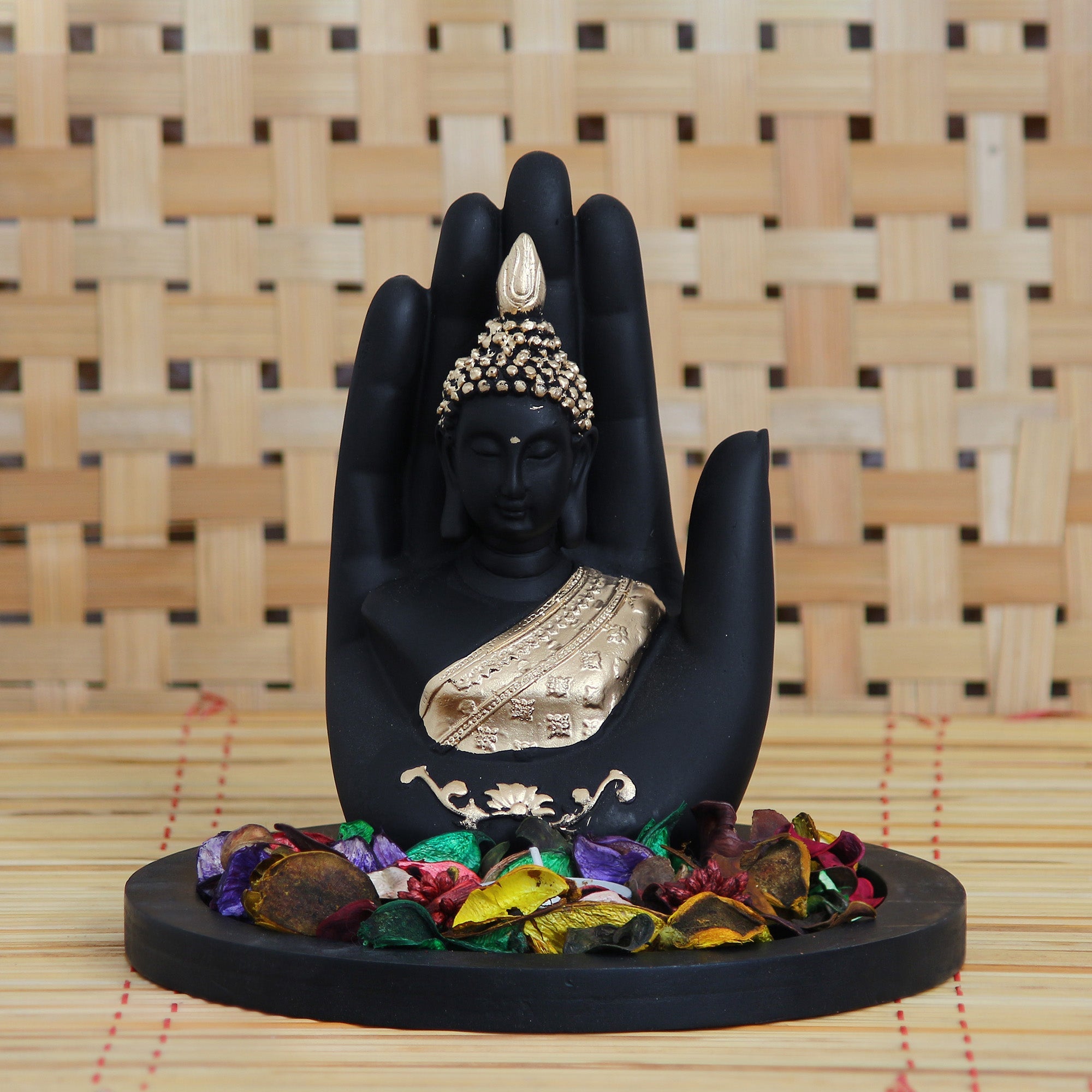 Polyresin Black and Golden Handcrafted Palm Buddha Statue with Wooden Base Tealight Candle Holder Kafalo