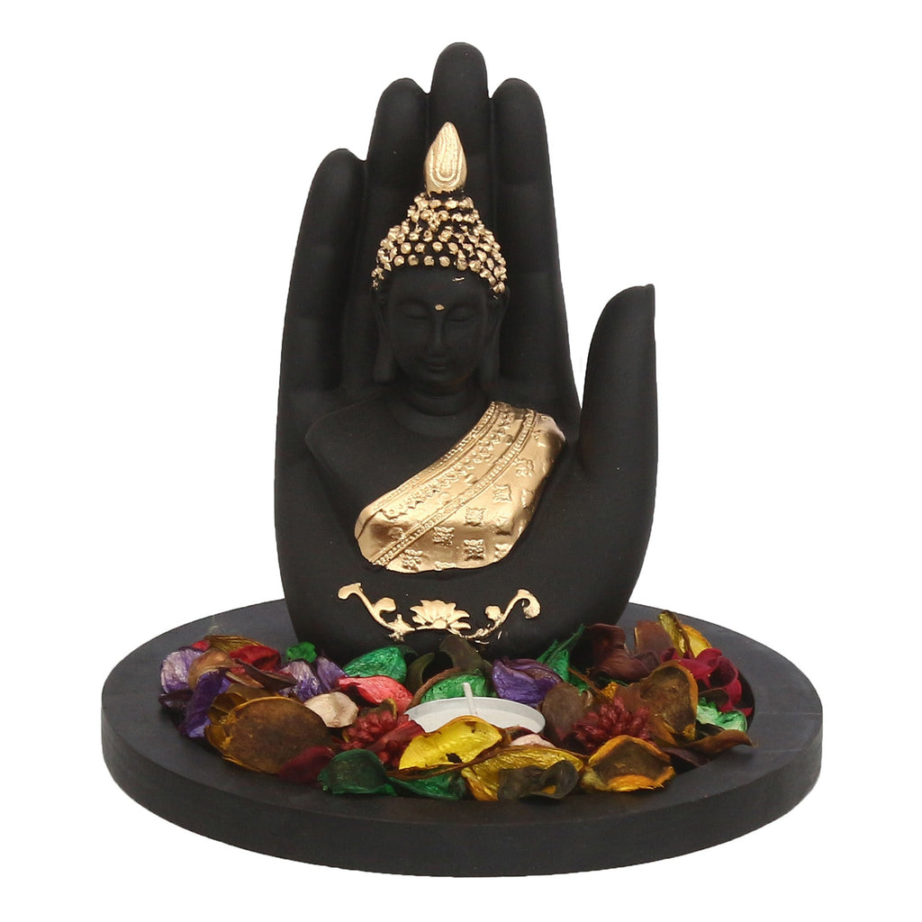 Polyresin Black and Golden Handcrafted Palm Buddha Statue with Wooden Base Tealight Candle Holder Kafalo