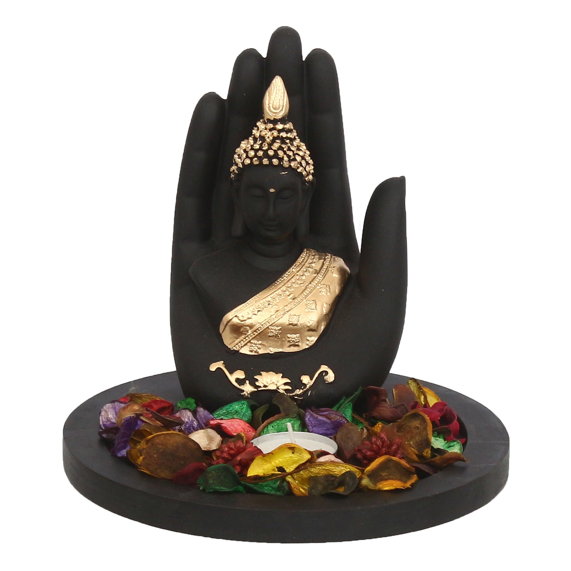 Polyresin Black and Golden Handcrafted Palm Buddha Statue with Wooden Base Tealight Candle Holder Kafalo