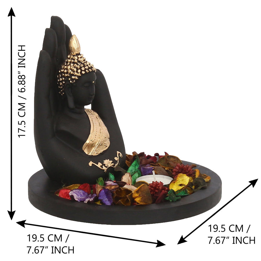 Polyresin Black and Golden Handcrafted Palm Buddha Statue with Wooden Base Tealight Candle Holder Kafalo