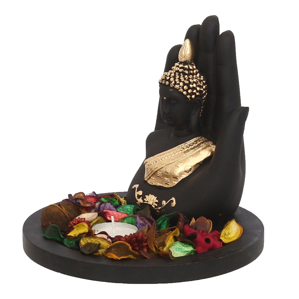 Polyresin Black and Golden Handcrafted Palm Buddha Statue with Wooden Base Tealight Candle Holder Kafalo