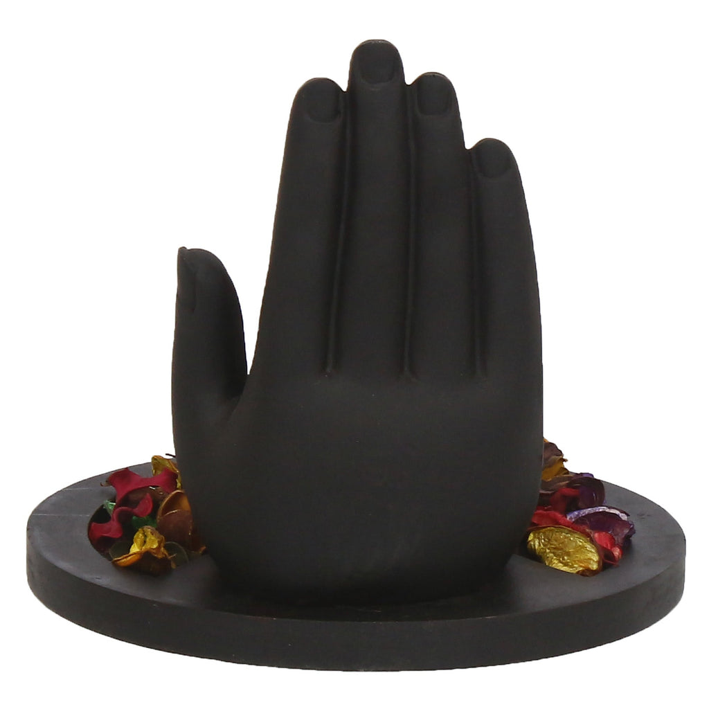 Polyresin Black and Golden Handcrafted Palm Buddha Statue with Wooden Base Tealight Candle Holder Kafalo