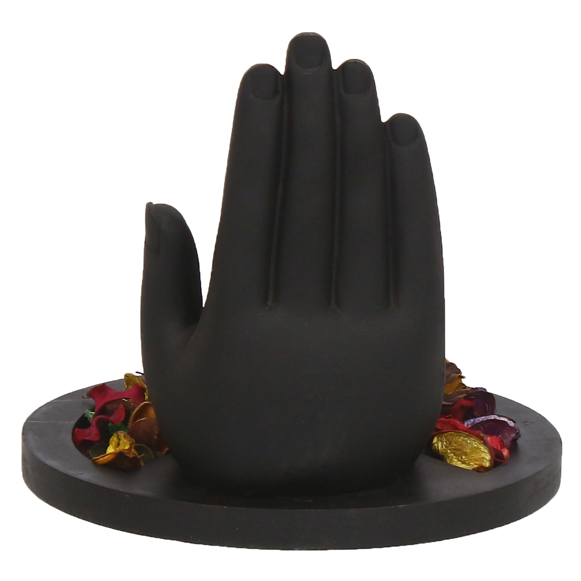 Polyresin Black and Golden Handcrafted Palm Buddha Statue with Wooden Base Tealight Candle Holder Kafalo
