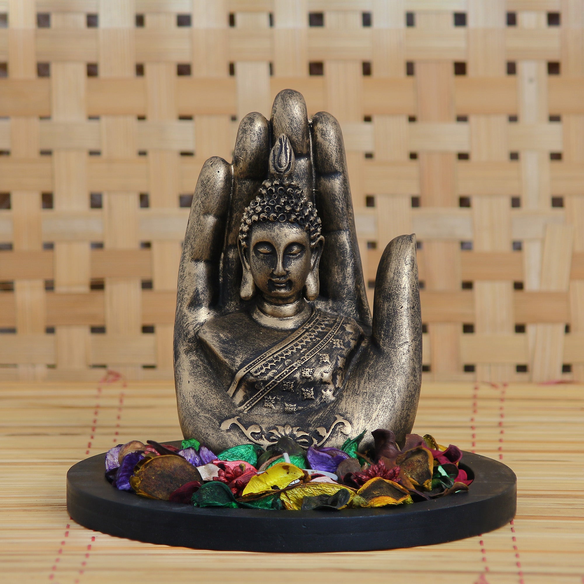 Polyresin Black and Brown Handcrafted Palm Buddha Statue with Wooden Base, Fragranced Petals and Tealight Kafalo