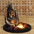 Polyresin Black and Brown Handcrafted Palm Buddha Statue with Wooden Base, Fragranced Petals and Tealight Kafalo