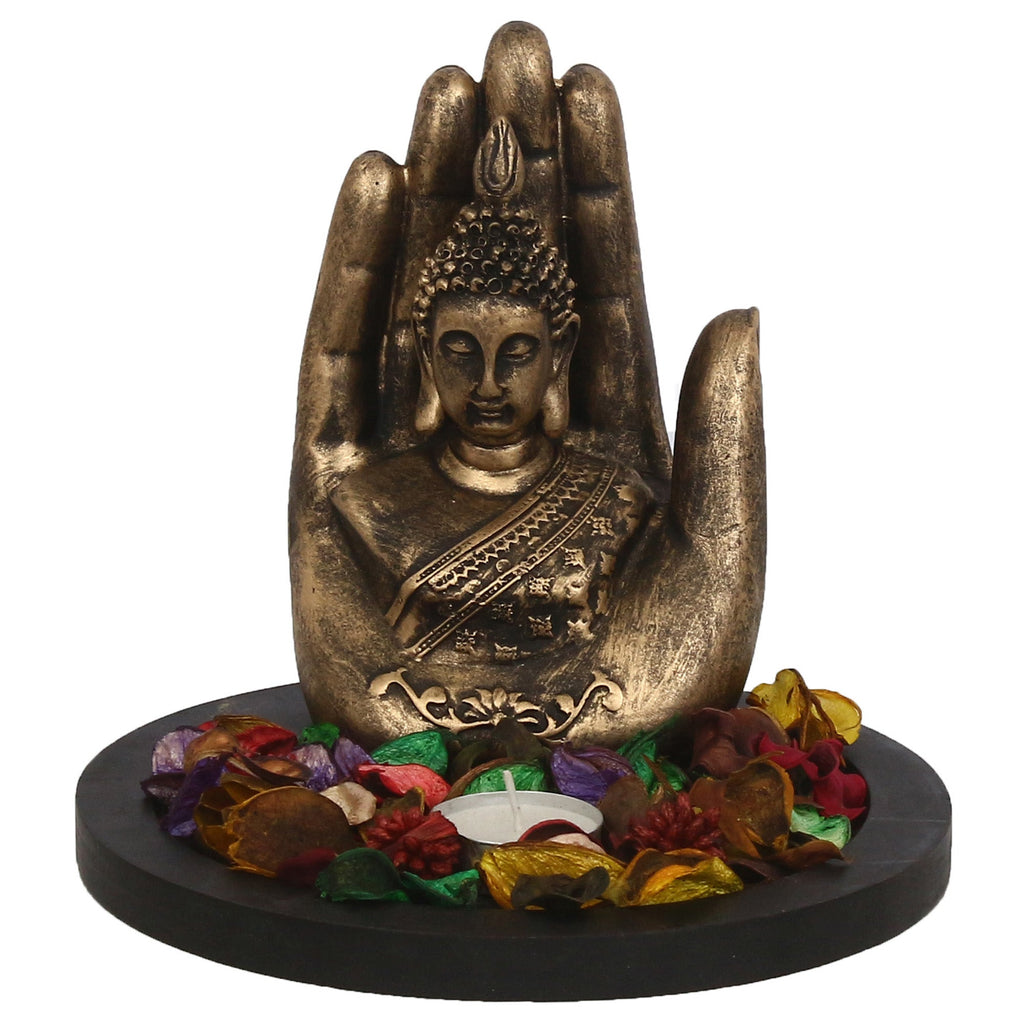 Polyresin Black and Brown Handcrafted Palm Buddha Statue with Wooden Base, Fragranced Petals and Tealight Kafalo