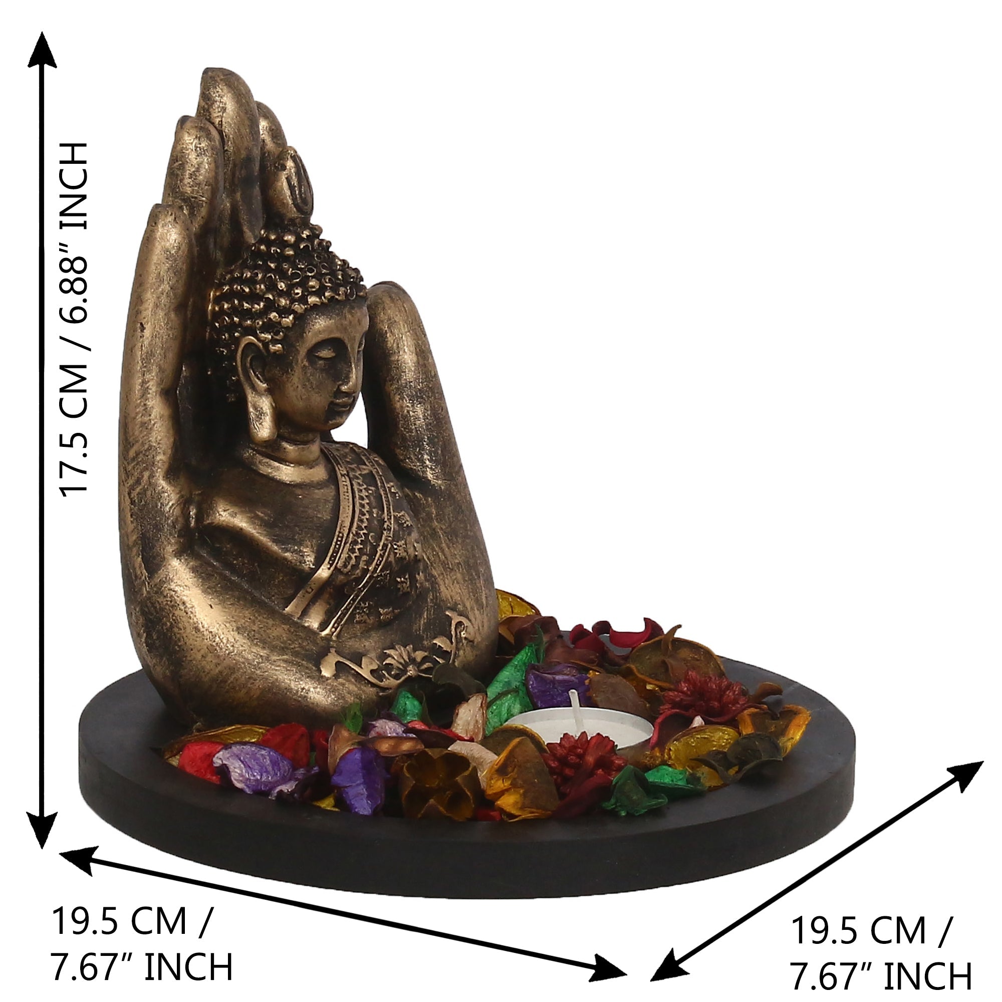 Polyresin Black and Brown Handcrafted Palm Buddha Statue with Wooden Base, Fragranced Petals and Tealight Kafalo
