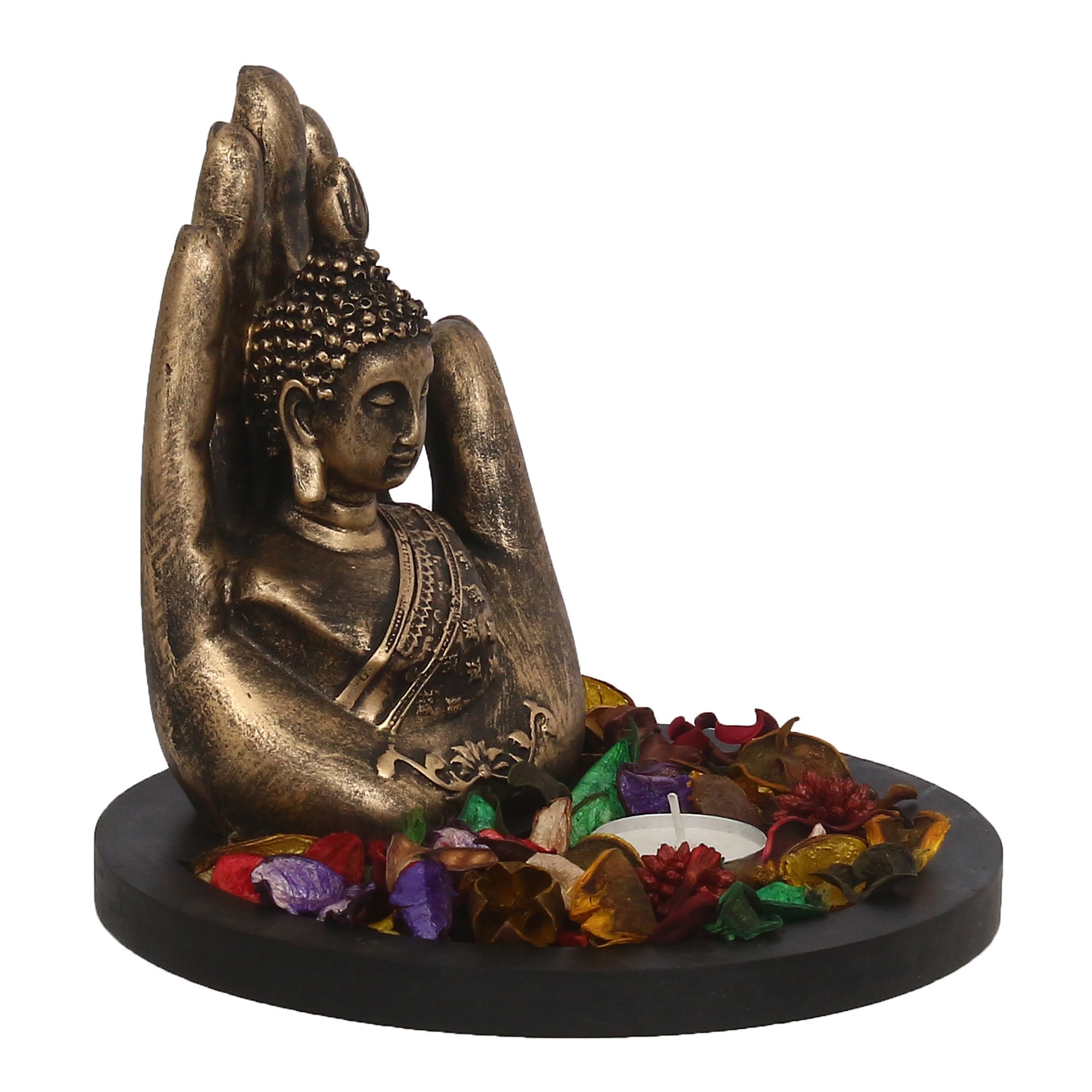 Polyresin Black and Brown Handcrafted Palm Buddha Statue with Wooden Base, Fragranced Petals and Tealight Kafalo