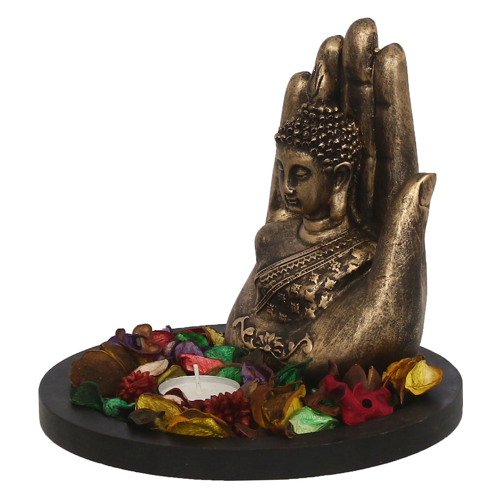 Polyresin Black and Brown Handcrafted Palm Buddha Statue with Wooden Base, Fragranced Petals and Tealight Kafalo
