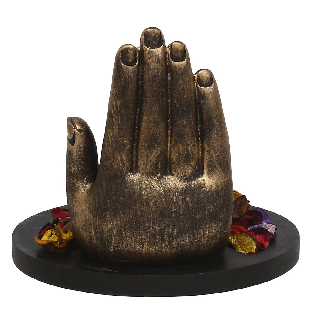 Polyresin Black and Brown Handcrafted Palm Buddha Statue with Wooden Base, Fragranced Petals and Tealight Kafalo