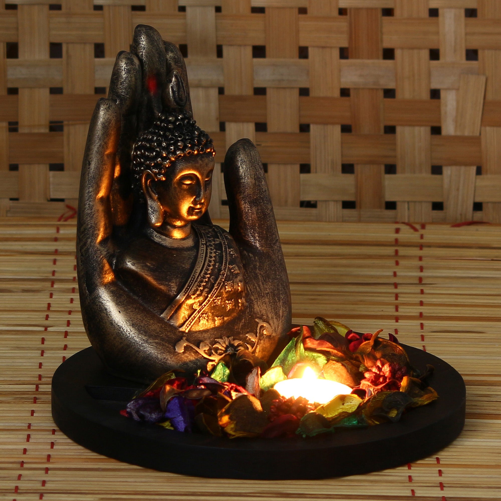 Polyresin Black and Brown Handcrafted Palm Buddha Statue with Wooden Base, Fragranced Petals and Tealight Kafalo