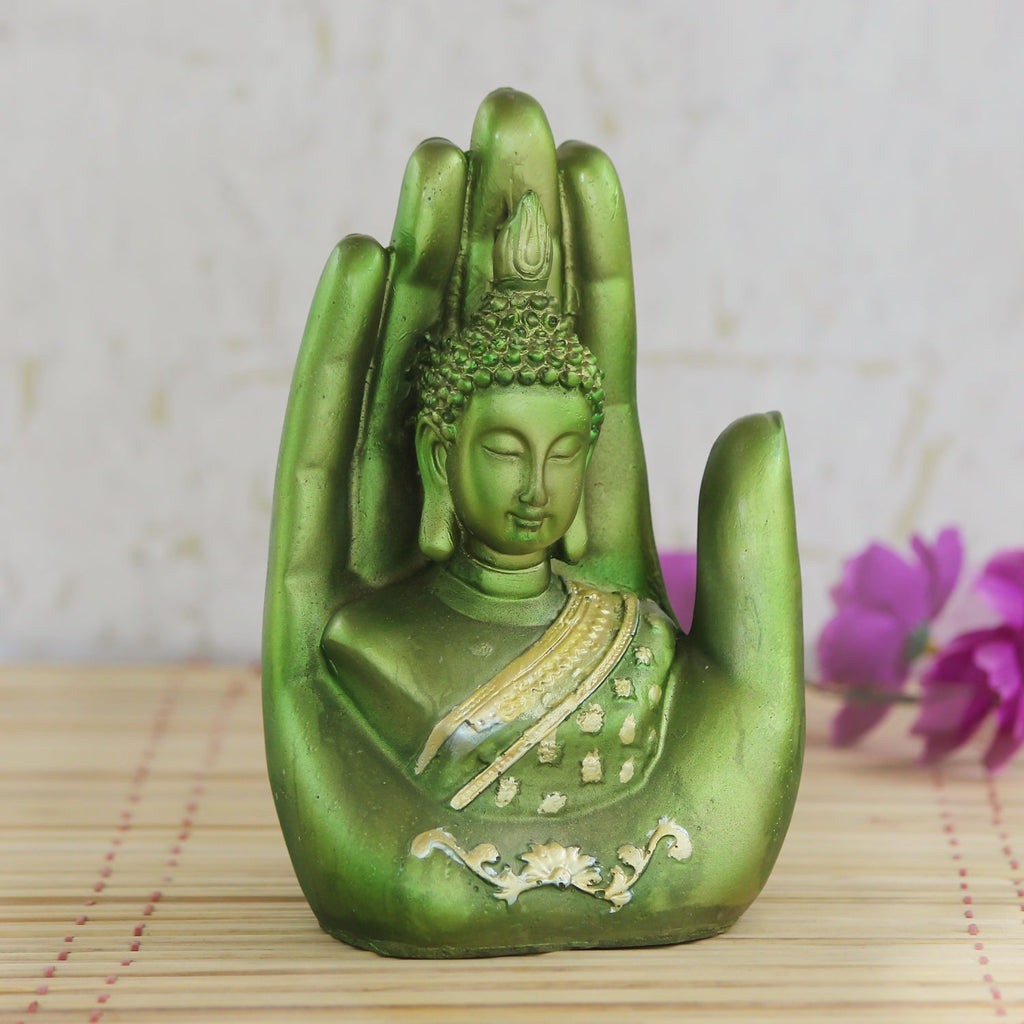 Polyresin Green And Golden Handcrafted Palm Buddha Idol Kafalo