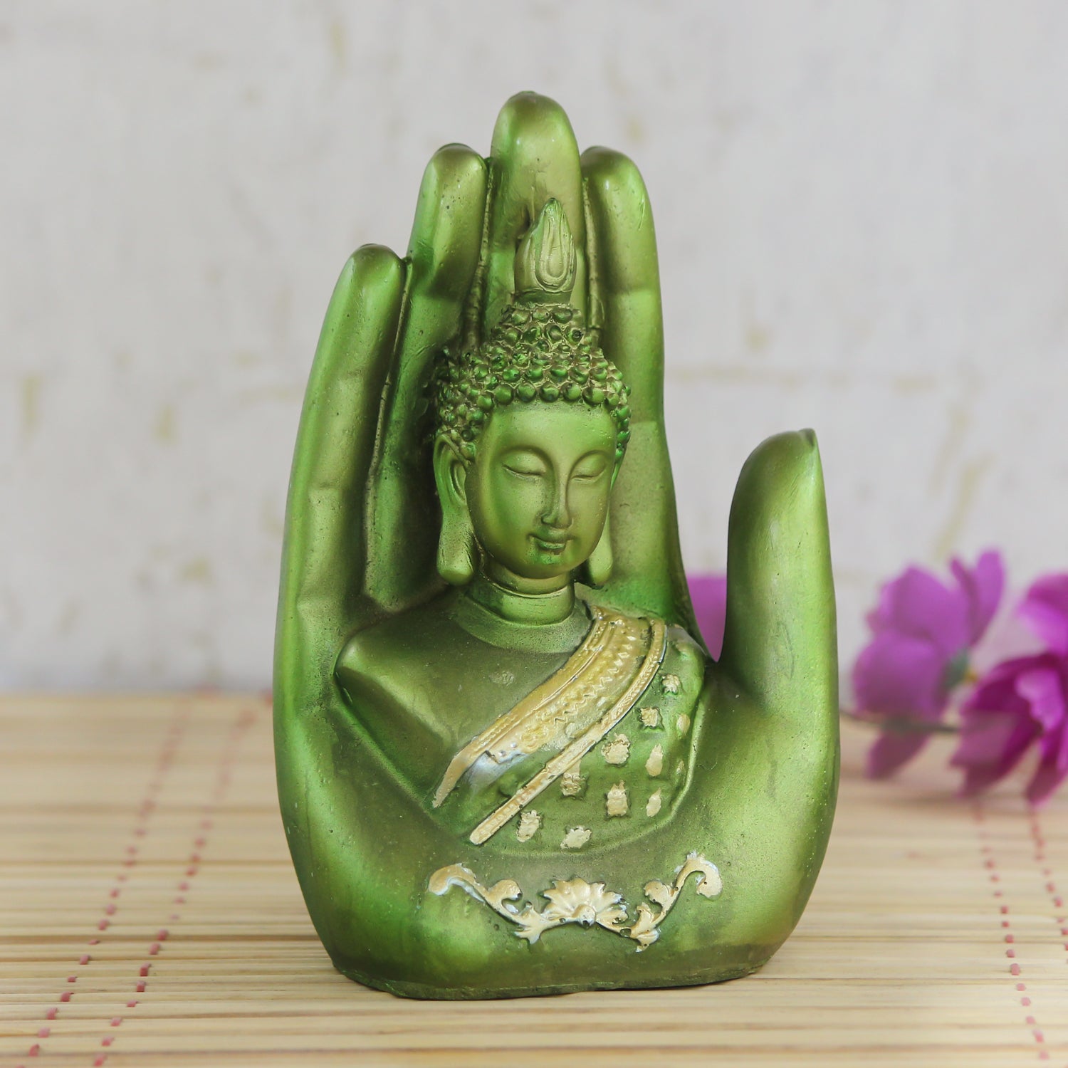 Polyresin Green And Golden Handcrafted Palm Buddha Idol Kafalo