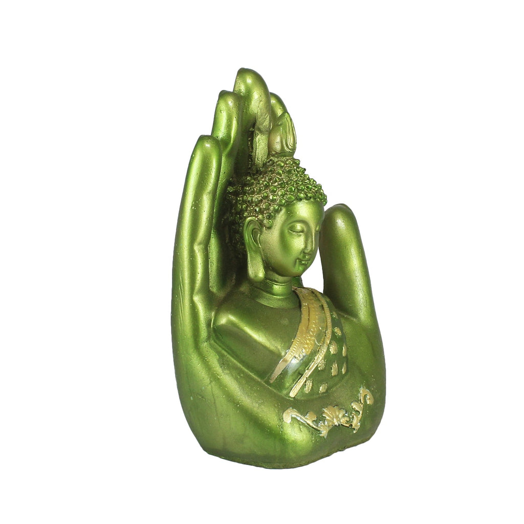 Polyresin Green And Golden Handcrafted Palm Buddha Idol Kafalo