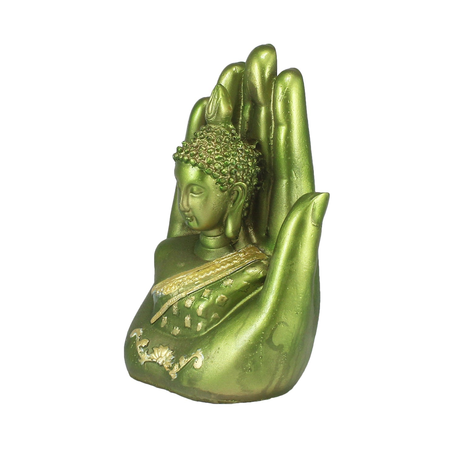 Polyresin Green And Golden Handcrafted Palm Buddha Idol Kafalo