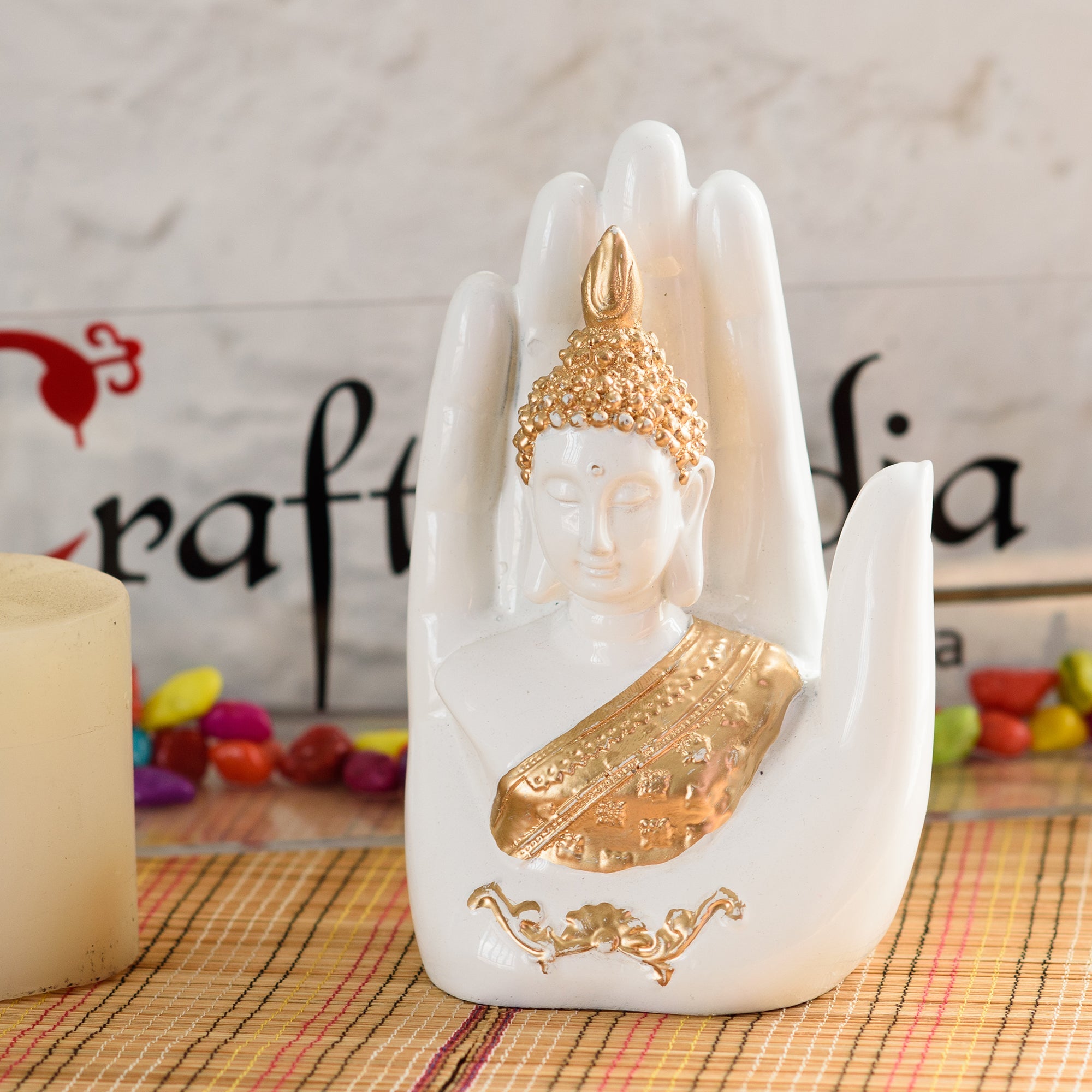 Decorative Palm Buddha Figurine Showpiece - 17 cmÂ (Polyresin, White) Kafalo