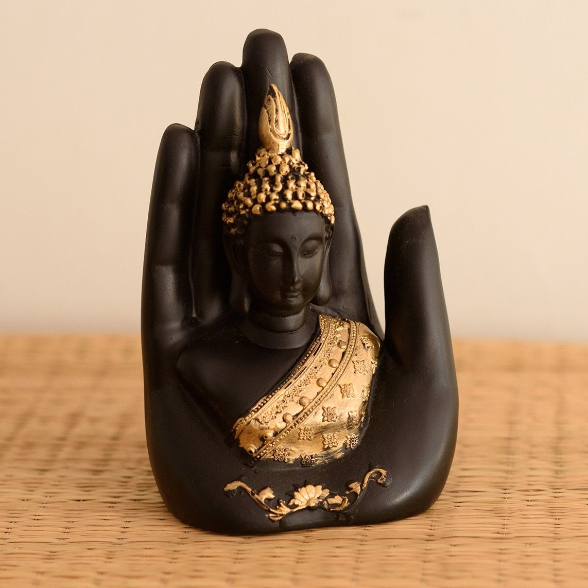 Black and Golden Handcrafted Palm Buddha Statue Kafalo