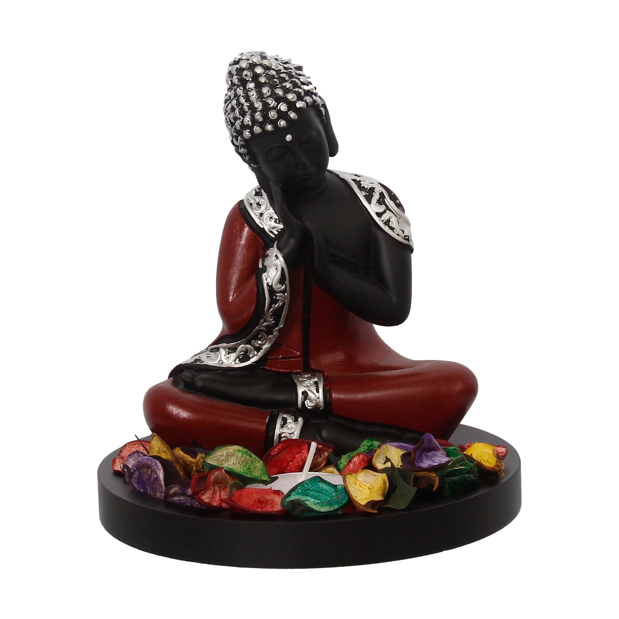 Polyresin Antique Finish Handcrafted Thinking Buddha Statue with Wooden Base, Fragranced Petals and Tealight (Red, Black and Silver) Kafalo