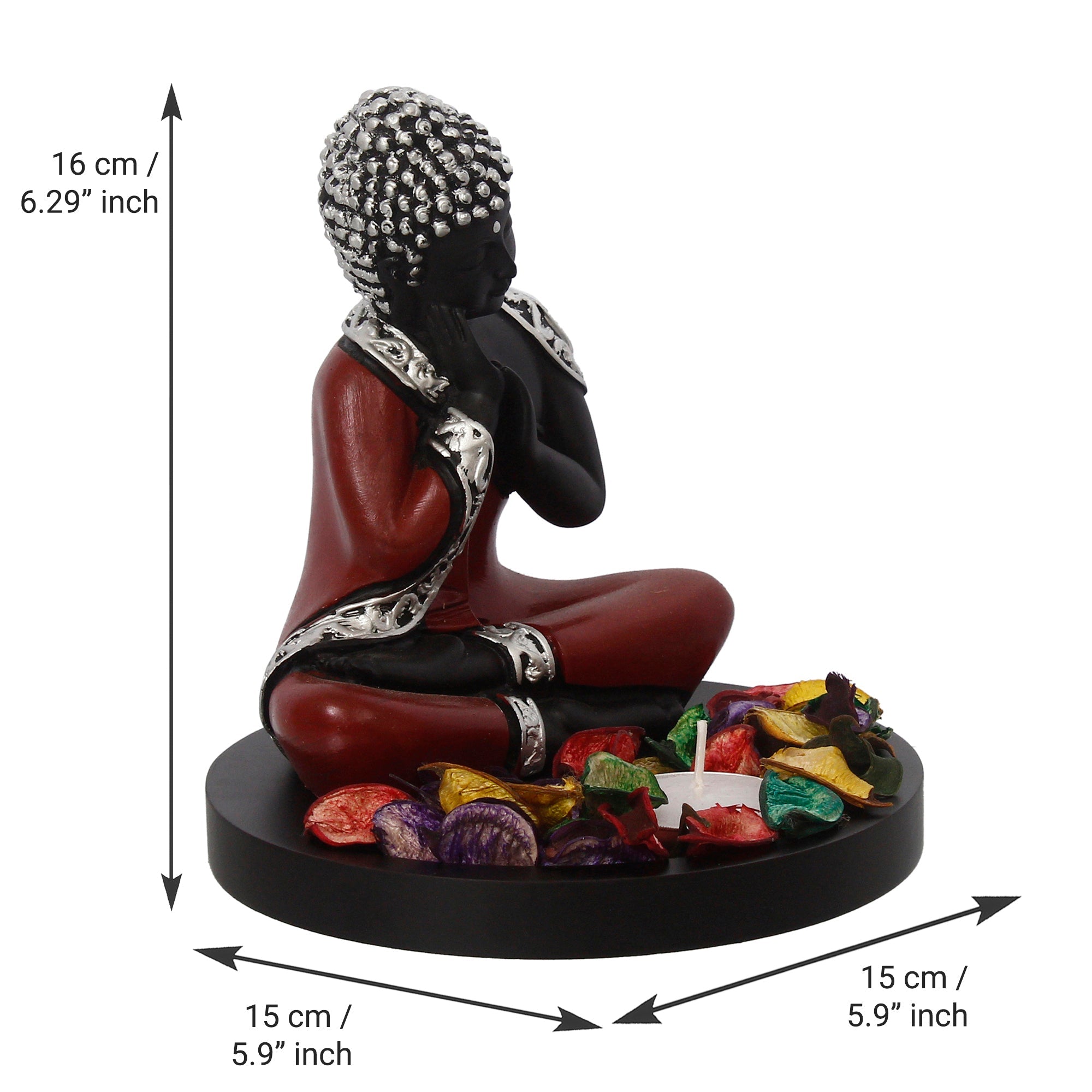 Polyresin Antique Finish Handcrafted Thinking Buddha Statue with Wooden Base, Fragranced Petals and Tealight (Red, Black and Silver) Kafalo